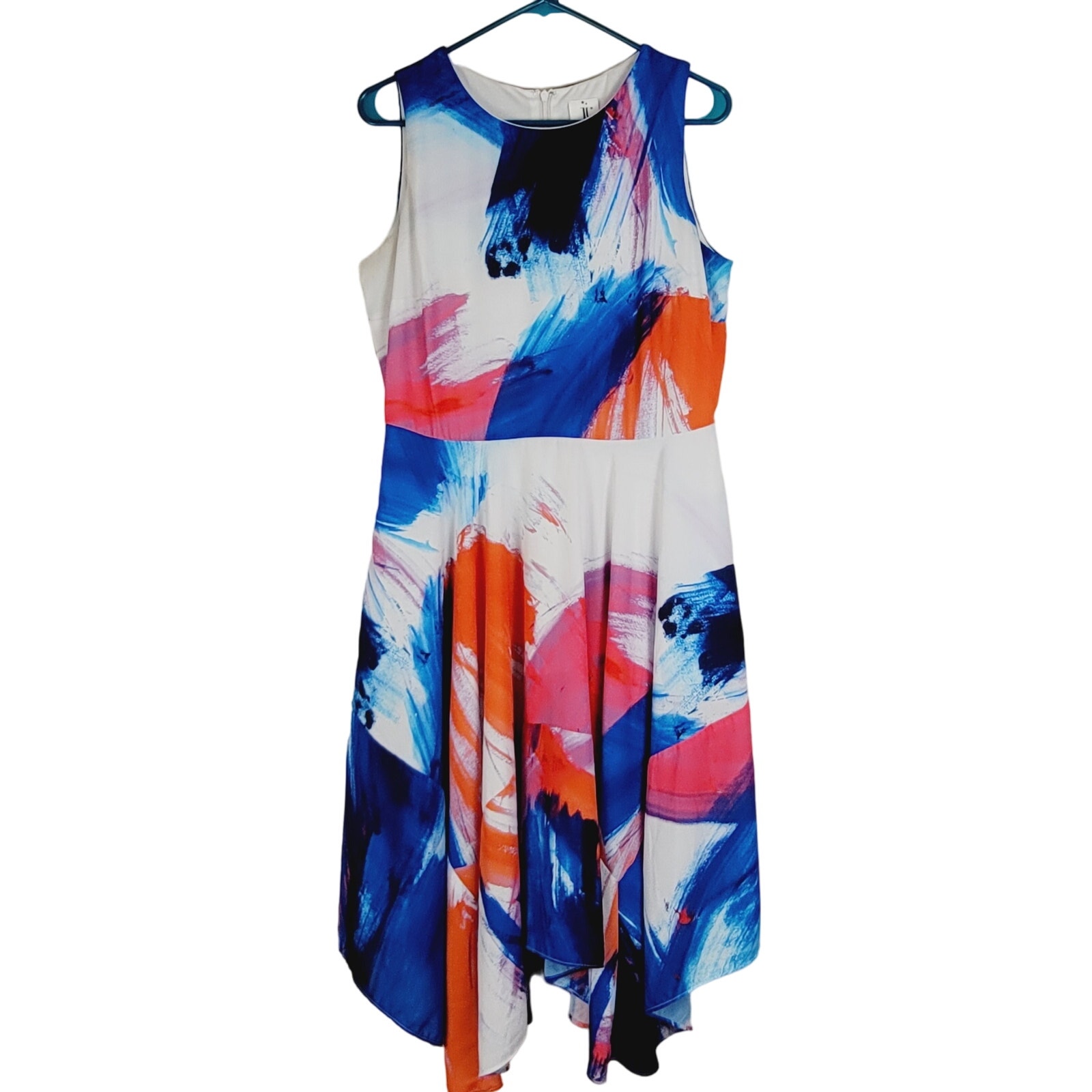 Julia Jordan Blue Orange Paint Stroke Handkerchief Midi Dress Size 10 Artsy